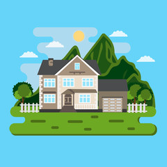 Naklejka premium Spring landscape withcottage on mountain background. Vector illustration.