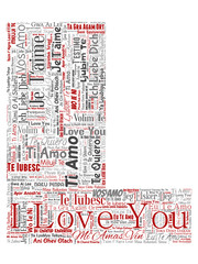 Vector conceptual sweet romantic I love you multilingual message letter font L red word cloud isolated background. Collage of valentine day, romance affection, happy emotion or passion lovely concept