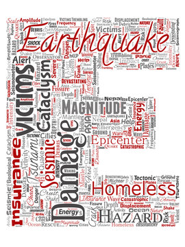 Vector conceptual earthquake activity letter font E red word cloud isolated background. Collage of natural seismic tectonic crust tremble, violent tsunami waves risk, tectonic plates shifting concept