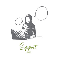Support, communication, service, Islam, hijab concept. Hand drawn isolated vector.