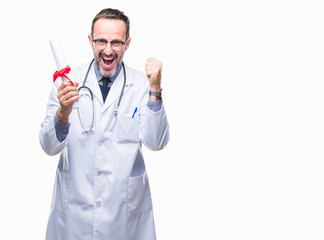 Middle age senior hoary doctor man holding degree certificate over isolated background screaming proud and celebrating victory and success very excited, cheering emotion