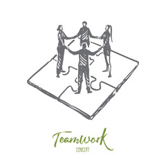 Teamwork, marketing, strategy, business, communication concept. Hand drawn isolated vector.