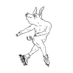 Piggy boy dancing in roller skates, hand drawn doodle, sketch, vector outline illustration
