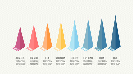 Isometric infographics. Bar chart, graph with 8 pyramids, options. Vector template.