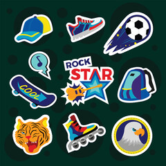 Fashion patch badges with backpack, rollers, ball, baseball cap, board and other. Large set of girlish and boyish stickers, patches in cartoon isolated.Trendy stickers print for backpacks, clothes