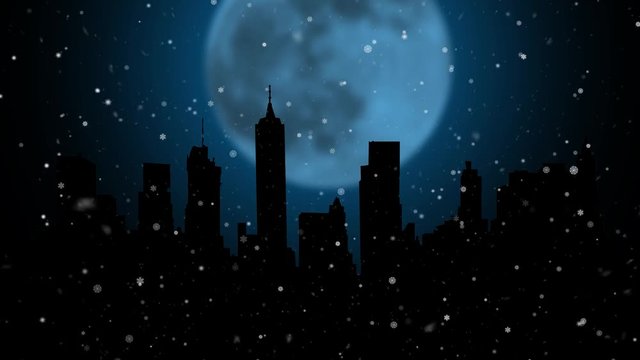 Night city flying snowflakes and fireworks on the background of a moon and inscription merry christmas