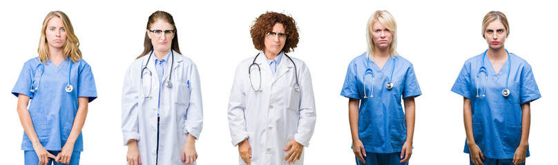 Collage of group of professional doctor women over white isolated background skeptic and nervous, frowning upset because of problem. Negative person.