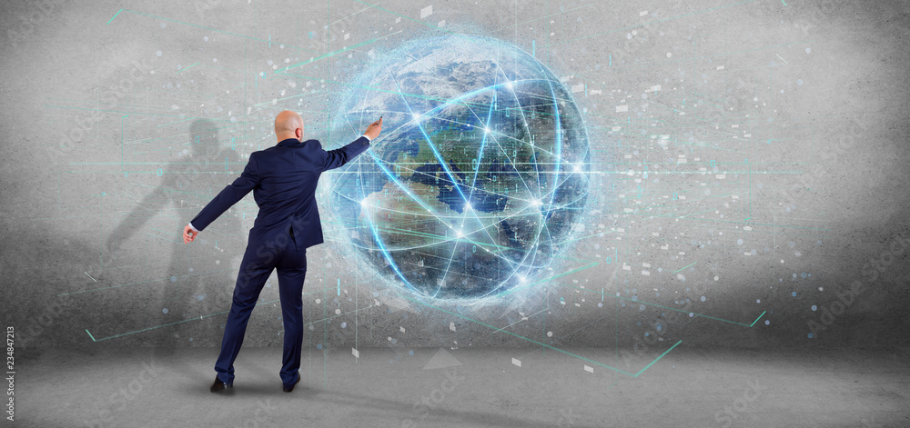 Poster man holding connection around a world globe isolated 3d rendering