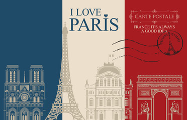 Naklejka premium Retro pocztówka ze słowami Kocham Paryż i pieczątkę z wieżą Eiffla. Vintage wektor karty w kolorach flagi francuskiej z rysunkami konturowymi znanych francuskich zabytków architektury