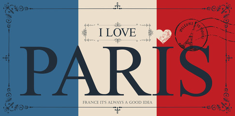 Obraz premium Retro pocztówka ze słowami Kocham Paryż i pieczątkę z wieżą Eiffla. Wektor karta w kolorach flaga francuska w obliczającej ramie w rocznika stylu