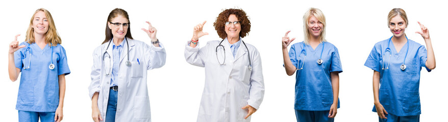 Collage of group of professional doctor women over white isolated background smiling and confident gesturing with hand doing size sign with fingers while looking and the camera. Measure concept.