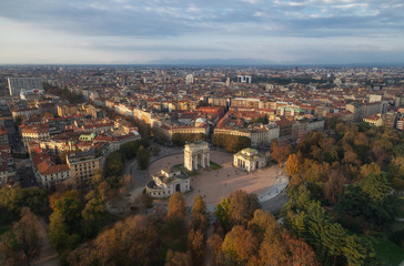 Fototapeta na wymiar Aerial view of arch peace (Arco Della Pace) from Branca tower, Milan, Lombardy, Italy.