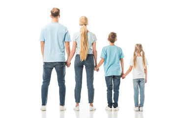 Fototapeta premium Back view of family standing and holding hands isolated on white