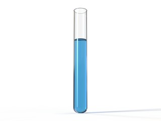 Transparent Glass flask with blue liquid on white background. 3D illustration