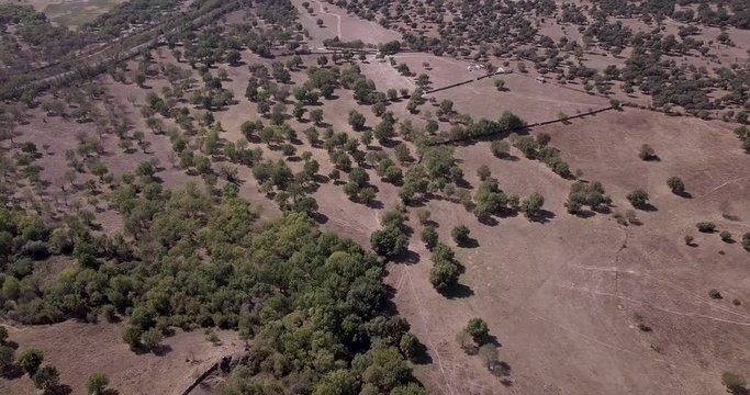 Drone Aerial view of mountains Las Medulas Bierzo Spain. Dolly Fly Over forest road trees - Landscape with trees wild nature. European woods growing both sides in summer dray land.