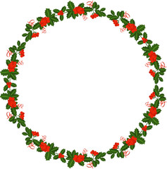 Holly berry wreath. Leaves for traditional ornamental plants for greeting cards for for Merry Christmas and Happy New Year.