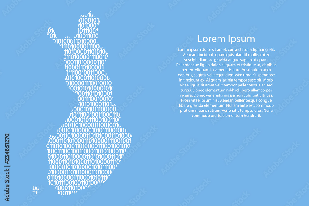 Fototapete finland map abstract schematic from white ones and zeros binary digital code on light blue backgroun