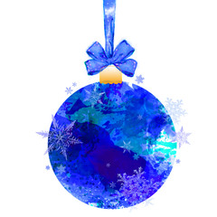 Christmas Ball in Watercolor Artistic Textures with Snowflakes, and a Ribbon Bow. Christmas, New Year, and Winter Holidays Colorful Decoration for Print, Greeting Card, Poster,  & Various Decorations.