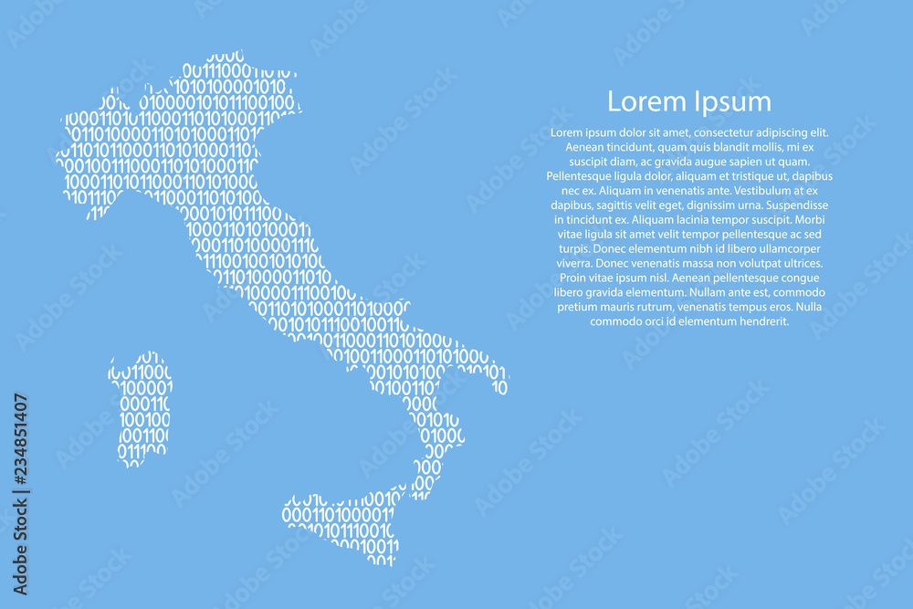 Fototapete italy map abstract schematic from white ones and zeros binary digital code on light blue background 