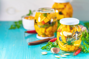 Marinated preserving jars. Fermented food