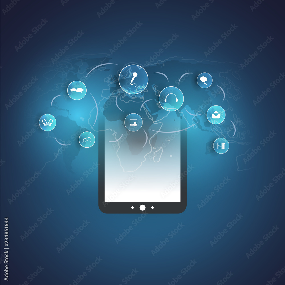 Poster digital network connections, mobile technology background - cloud computing design concept with worl
