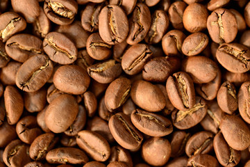 Roasted brown coffee beans pattern, background, top view
