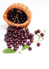 on a white background is a basket with a dark cherry