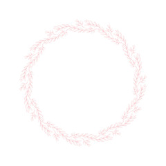 Lovely Hand Drawn Pink Twigs, Branches Round Shape Vector Garland. White Background. Retro Style. Delicate Pink Sketched Floral Wreath. Frame Made of Flowers Isolated on White.