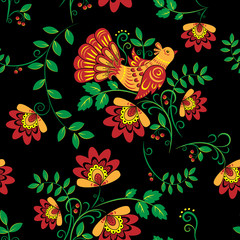 traditional Russian pattern - Khokhloma, seamless pattern on a black background, with a yellow bird, red wings and multicolored flowers