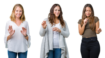 Collage of group of three young beautiful women over white isolated background disgusted expression, displeased and fearful doing disgust face because aversion reaction. With hands raised