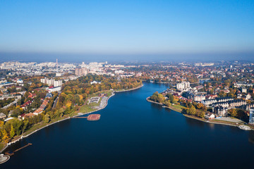 Fototapeta premium Aerial view of the Upper Lake in Kaliningrad in autumn