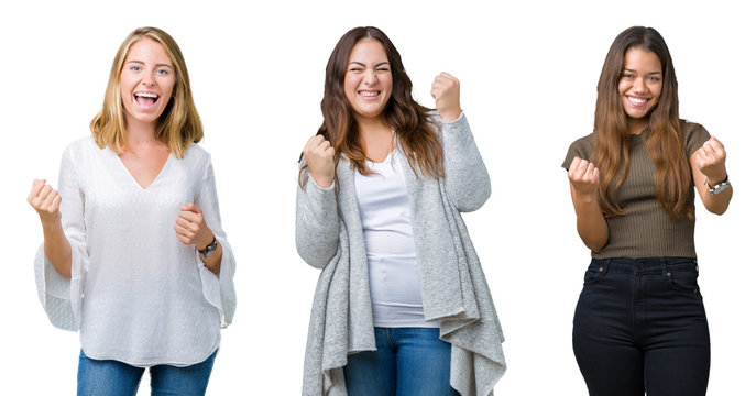 Collage of group of three young beautiful women over white isolated background very happy and excited doing winner gesture with arms raised, smiling and screaming for success. Celebration concept.