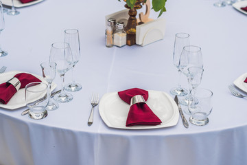 Wedding table decoration, catering service Table set for an event party or wedding reception