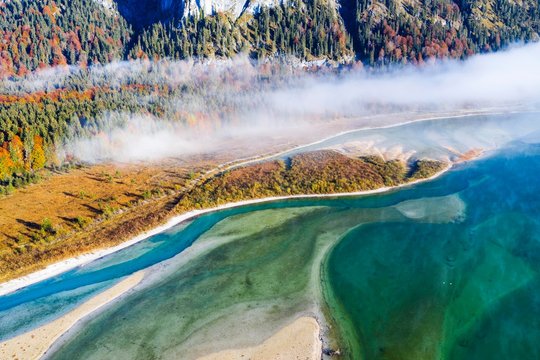 Isar, at the inflow into the Sylvenstein lake, Sylvenstein reservoir, drone image, Lenggries, Isarwinkel, Upper Bavaria, Bavaria, Germany, Europe