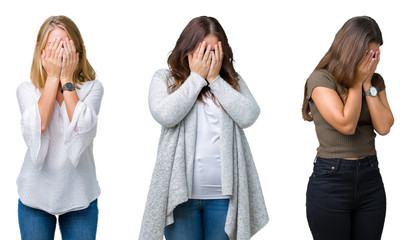 Collage of group of three young beautiful women over white isolated background with sad expression covering face with hands while crying. Depression concept.