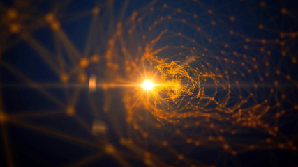 Golden wire net abstract cinematic background lens flare. Sun in web