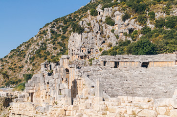 Fototapeta na wymiar Myra Rock Tombs, ruins of the anceint necropolis, Demre, Antalya Province, Lycia, Anatolia, Turkey,