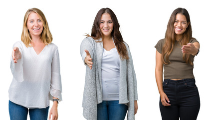 Obraz premium Collage of group of three young beautiful women over white isolated background smiling friendly offering handshake as greeting and welcoming. Successful business.