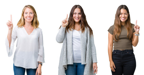 Collage of group of three young beautiful women over white isolated background showing and pointing up with finger number one while smiling confident and happy.