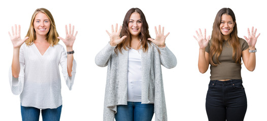 Collage of group of three young beautiful women over white isolated background showing and pointing up with fingers number ten while smiling confident and happy.