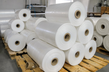 Warehouse with rolls of polyethylene