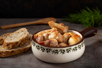 Pieces pf fried chicken meat and bread