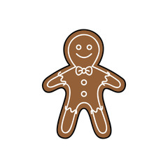 Gingerbread man vector graphic outlined illustration icon. Festive, holiday sweet and cute gingerbread christmas cookie decorated with white sugar icing.