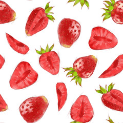 Hand drawn seamless pattern with watercolor strawberries on the white background. Repeated background
