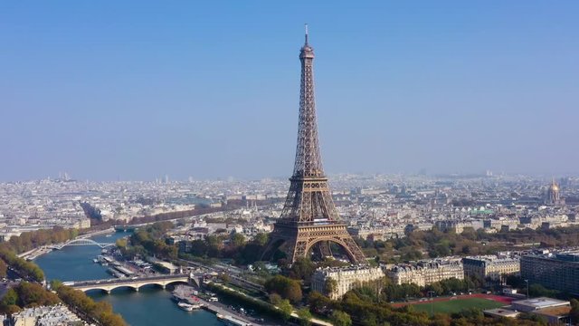 Aerial view of Paris, the Seine river and eiffel tower