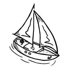 Wooden yacht with a sail. Vector illustration of a boat with sails in the sea. Hand drawn yacht.
