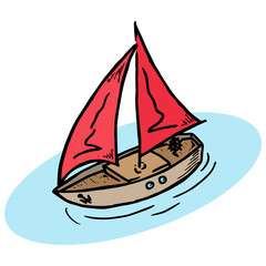 Yacht with a red sail. Wooden yacht with a sail. Vector illustration of a boat with sails in the sea. Hand drawn yacht. 