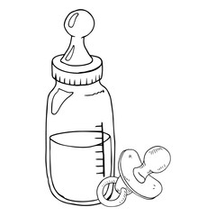 Baby pacifier with ring. Baby bottle for feeding. Bottle with a pacifier. A bottle with a measuring scale. Vector illustration.