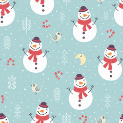 Christmas seamless pattern with cute snowman  trees and snowflakes. New year background. Vector illustration