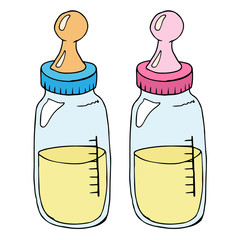 Pink and blue baby bottles for feeding. Bottle with a pacifier. A bottle with a measuring scale. Vector illustration baby bottle with milk mixture for baby.